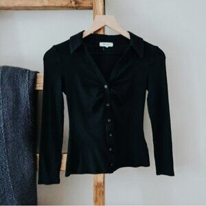 Madewell Black Ribbed Ruched Button-Front Top (Size XS)